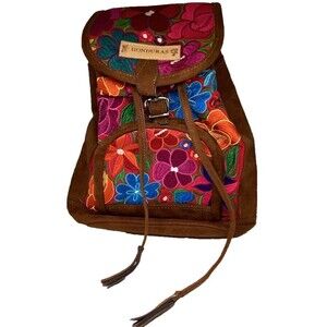 Honduras Leather Embroidered Floral Backpack Purse Knapsack Souvenir Handbag